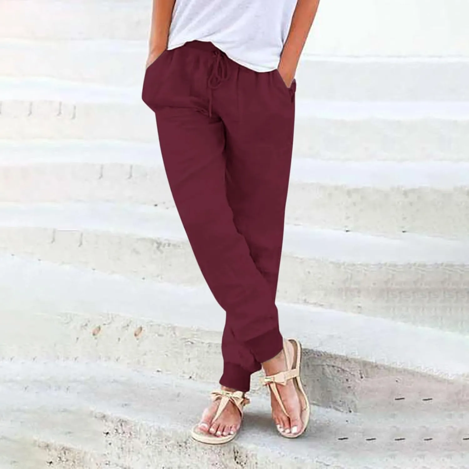 Womens Casual Pants Drawstring Elastic Waist Trousers Wide Leg Straight Pants Slim Fit Comfy Leg Closure Leisure