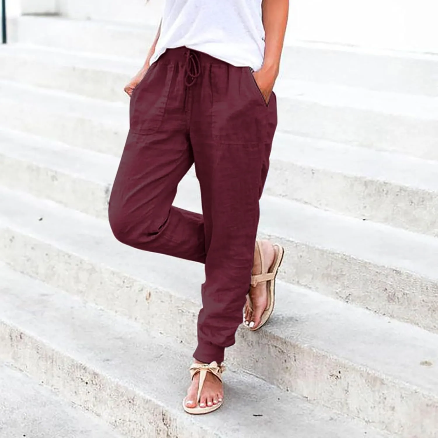 Womens Casual Pants Drawstring Elastic Waist Trousers Wide Leg Straight Pants Slim Fit Comfy Leg Closure Leisure