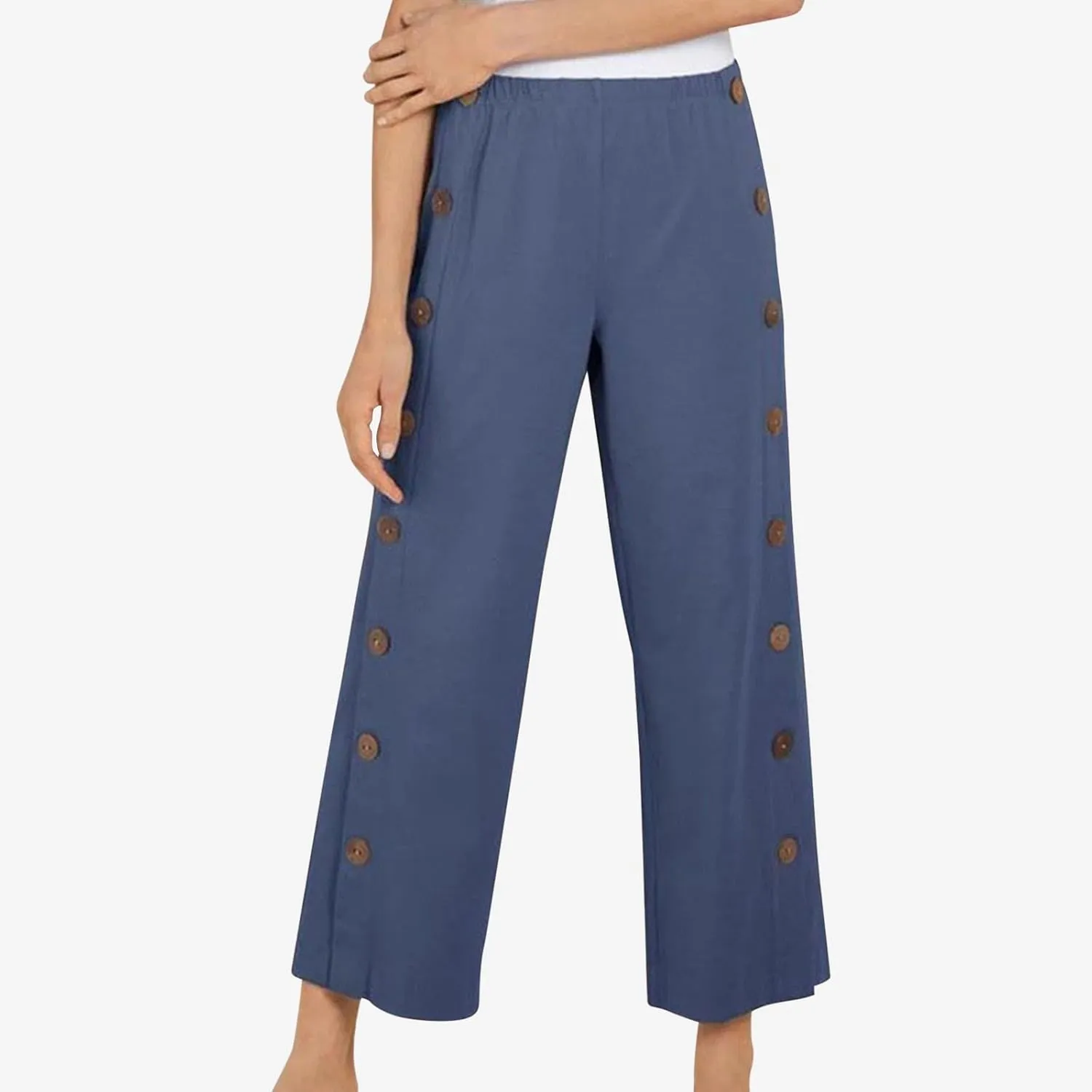 Women's Casual Pants Summer Wide Leg Straight Capris Side Button Elastic Waist Cropped Trousers with Pockets Outfits