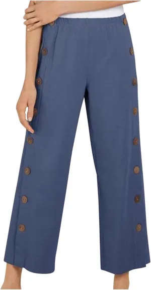 Women's Casual Pants Summer Wide Leg Straight Capris Side Button Elastic Waist Cropped Trousers with Pockets Outfits