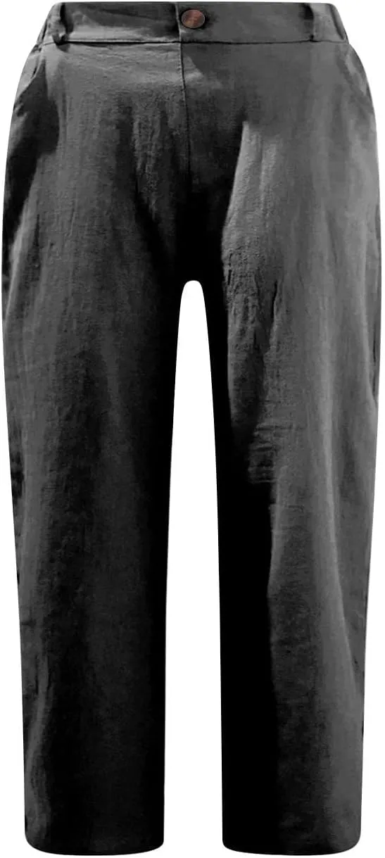 Womens Cotton Linen Capri Pants, Casual Summer Capris Loose Cropped Trousers with Pocket Lightweight Breathable Bottoms