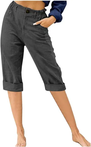 Womens Cotton Linen Capri Pants, Casual Summer Capris Loose Cropped Trousers with Pocket Lightweight Breathable Bottoms