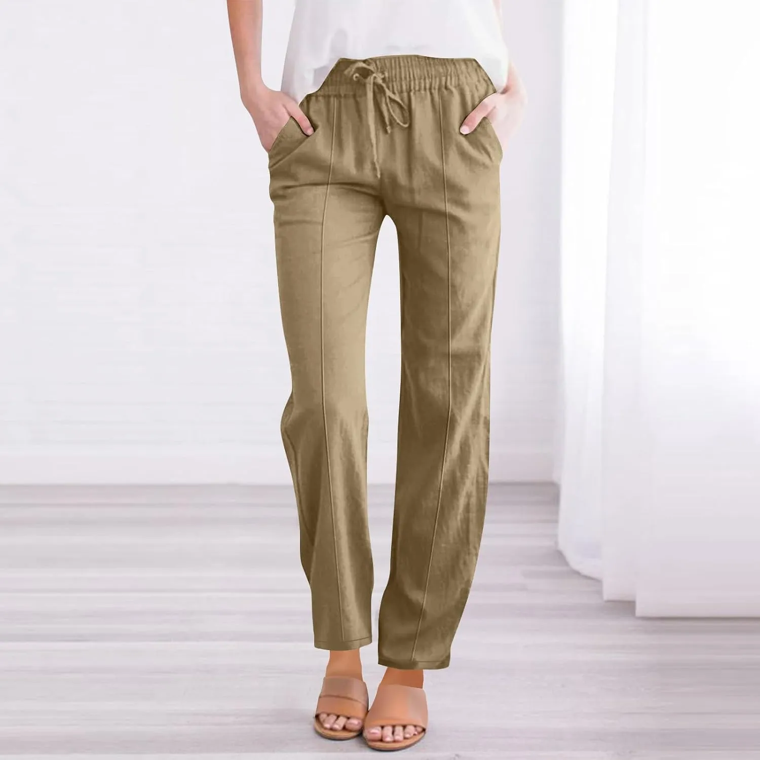 Womens Cotton Linen Pants Drawstring Elastic Waist Straight Leg Long Pantswith Pockets Casual Loose Comfy Trousers