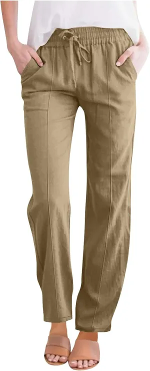 Womens Cotton Linen Pants Drawstring Elastic Waist Straight Leg Long Pantswith Pockets Casual Loose Comfy Trousers