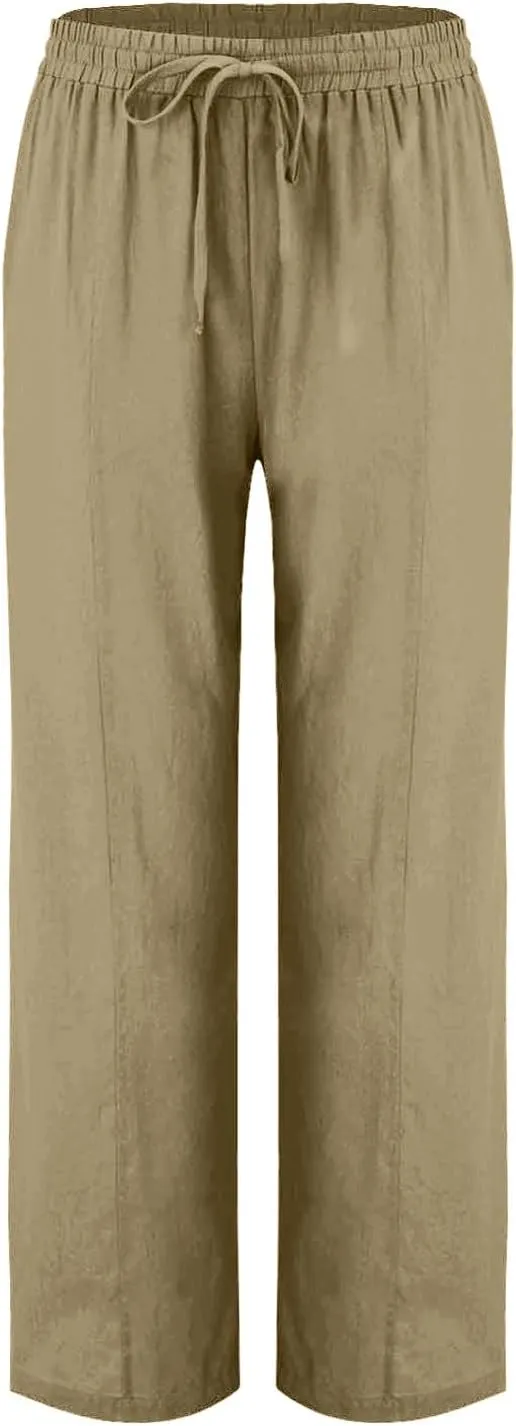 Womens Cotton Linen Pants Drawstring Elastic Waist Straight Leg Long Pantswith Pockets Casual Loose Comfy Trousers