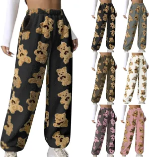 Womens Cute Bear Plush Pajama Pants Fuzzy Warm Pjs Fleece Sleepwear Pants with Pockets