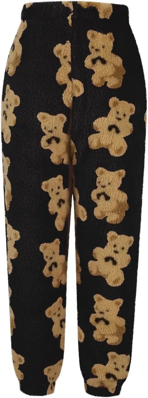 Womens Cute Bear Plush Pajama Pants Fuzzy Warm Pjs Fleece Sleepwear Pants with Pockets