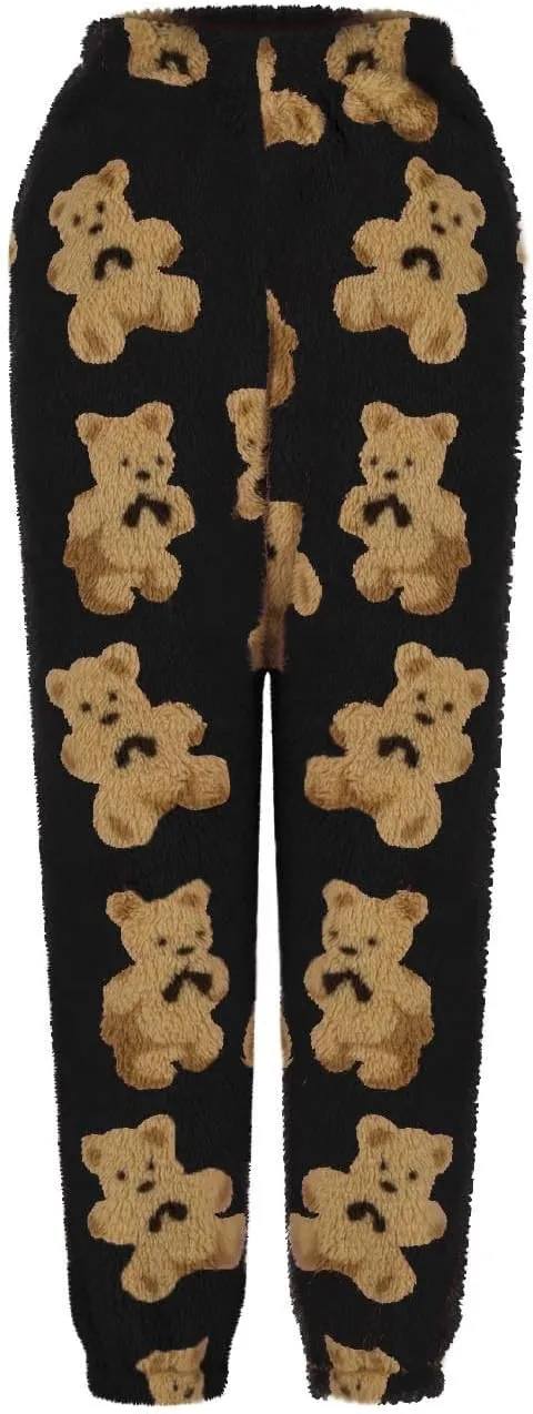 Womens Cute Bear Plush Pajama Pants Fuzzy Warm Pjs Fleece Sleepwear Pants with Pockets