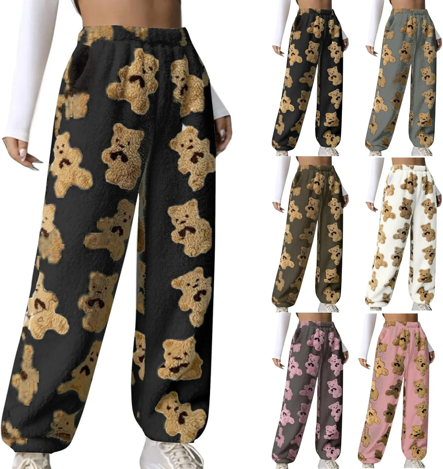 Womens Cute Bear Plush Pajama Pants Fuzzy Warm Pjs Fleece Sleepwear Pants with Pockets