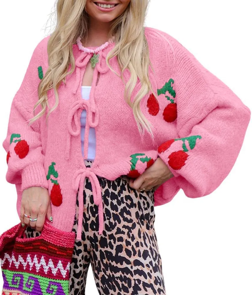Women's Cute Y2K Cherry Bow Knot Cardigan Sweater Crewneck Chunky Knit Coatigan Coat Tops