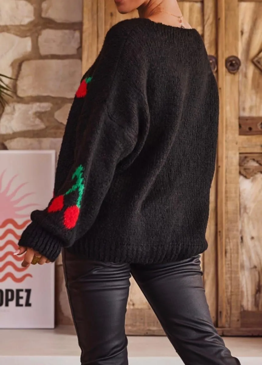 Women's Cute Y2K Cherry Bow Knot Cardigan Sweater Crewneck Chunky Knit Coatigan Coat Tops