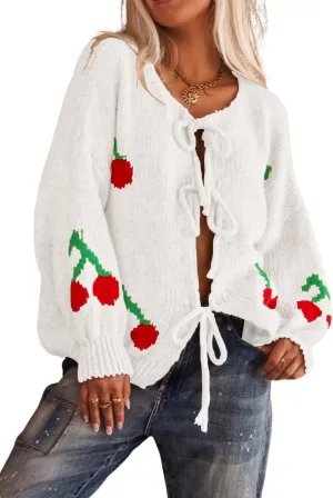 Women's Cute Y2K Cherry Bow Knot Cardigan Sweater Crewneck Chunky Knit Coatigan Coat Tops