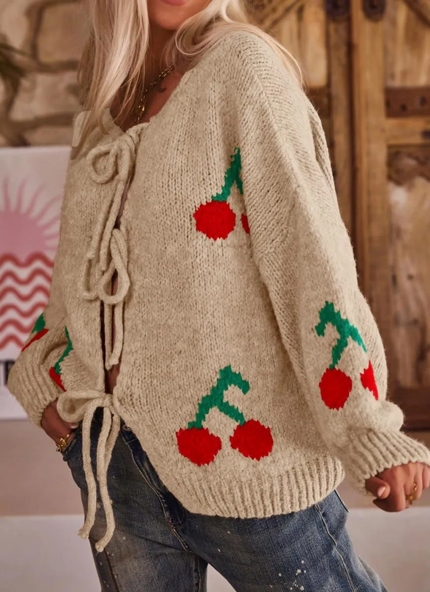Women's Cute Y2K Cherry Bow Knot Cardigan Sweater Crewneck Chunky Knit Coatigan Coat Tops