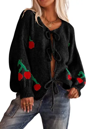 Women's Cute Y2K Cherry Bow Knot Cardigan Sweater Crewneck Chunky Knit Coatigan Coat Tops