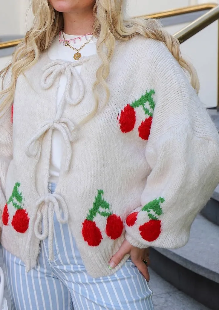 Women's Cute Y2K Cherry Bow Knot Cardigan Sweater Crewneck Chunky Knit Coatigan Coat Tops