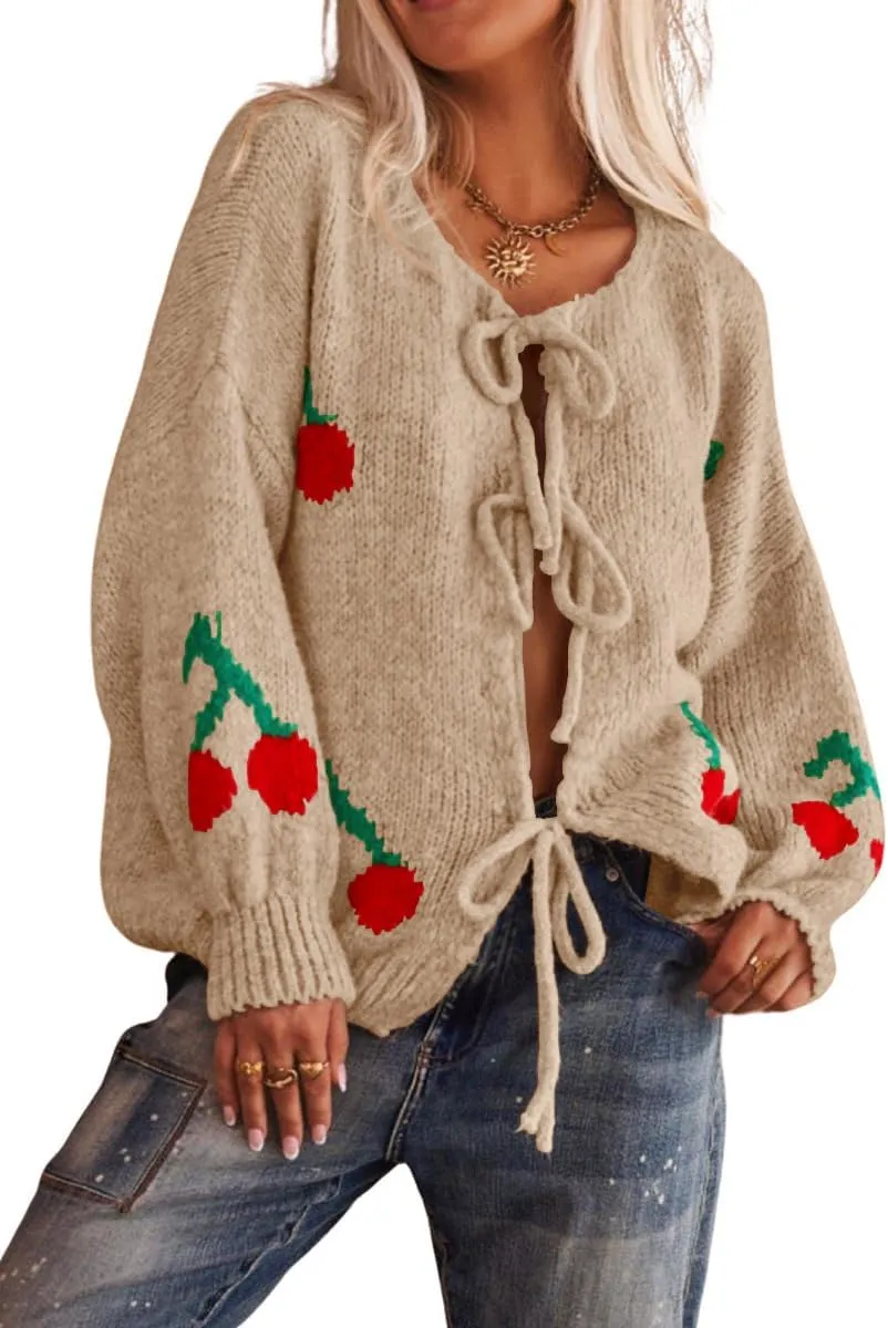 Women's Cute Y2K Cherry Bow Knot Cardigan Sweater Crewneck Chunky Knit Coatigan Coat Tops
