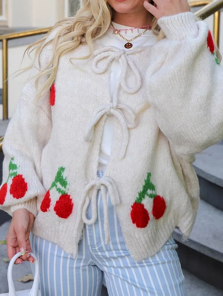 Women's Cute Y2K Cherry Bow Knot Cardigan Sweater Crewneck Chunky Knit Coatigan Coat Tops