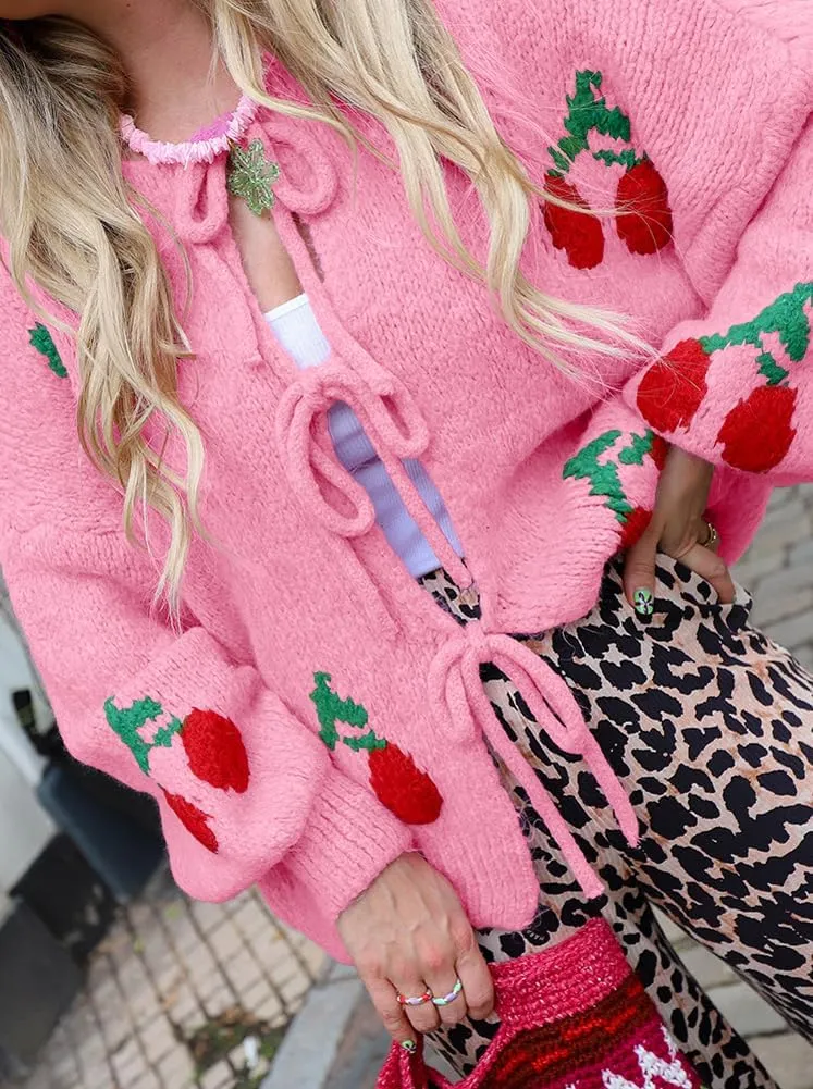 Women's Cute Y2K Cherry Bow Knot Cardigan Sweater Crewneck Chunky Knit Coatigan Coat Tops