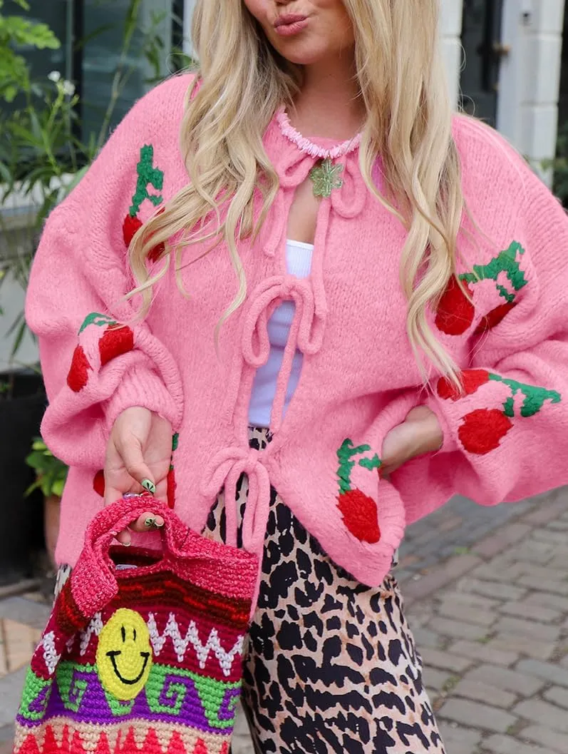 Women's Cute Y2K Cherry Bow Knot Cardigan Sweater Crewneck Chunky Knit Coatigan Coat Tops
