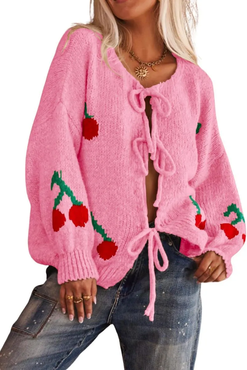 Women's Cute Y2K Cherry Bow Knot Cardigan Sweater Crewneck Chunky Knit Coatigan Coat Tops