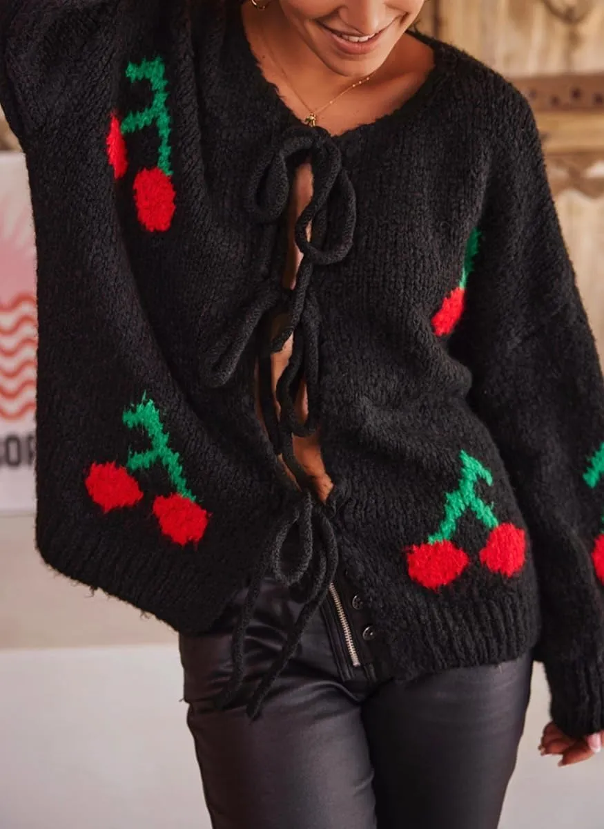 Women's Cute Y2K Cherry Bow Knot Cardigan Sweater Crewneck Chunky Knit Coatigan Coat Tops