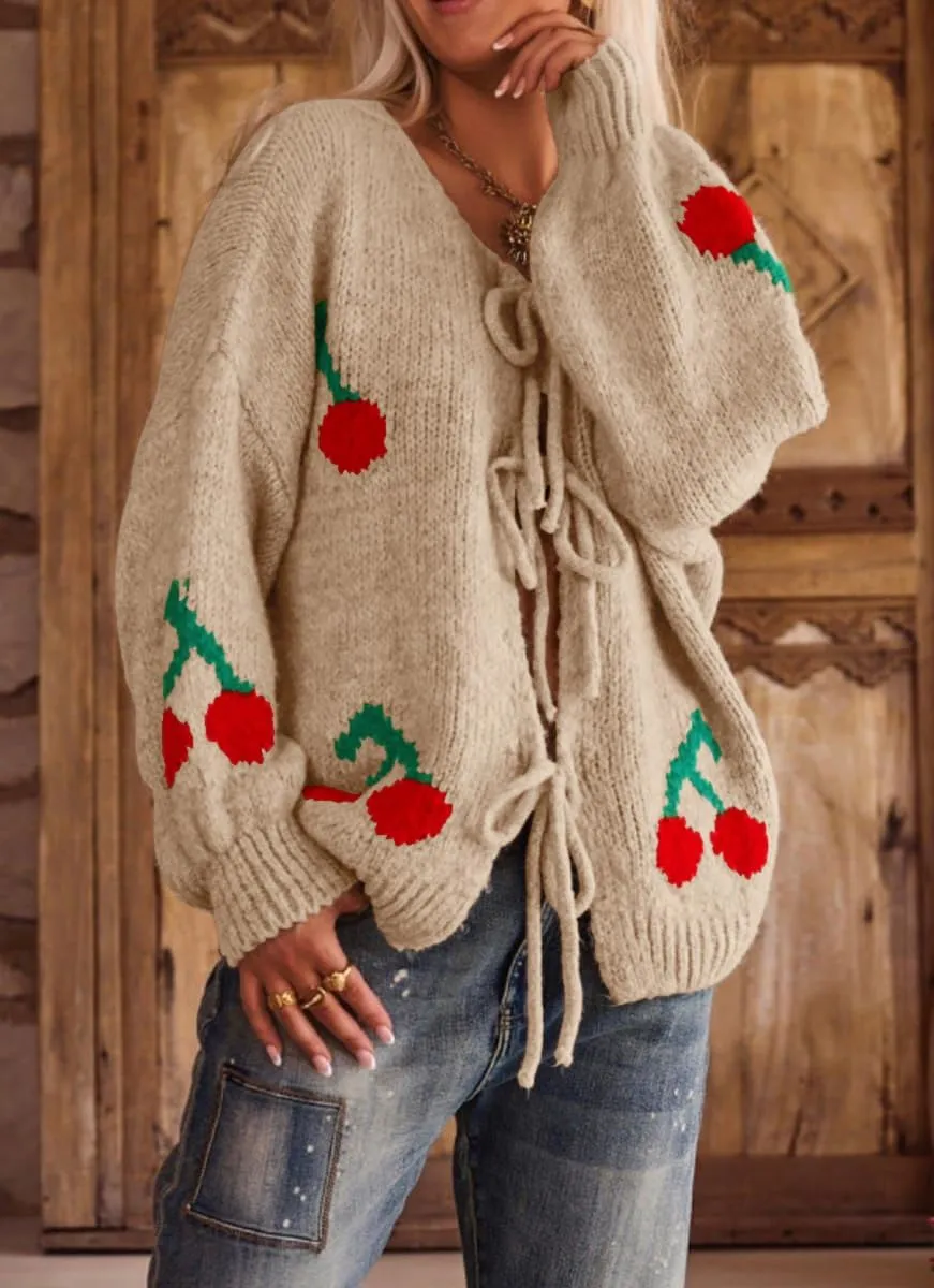 Women's Cute Y2K Cherry Bow Knot Cardigan Sweater Crewneck Chunky Knit Coatigan Coat Tops
