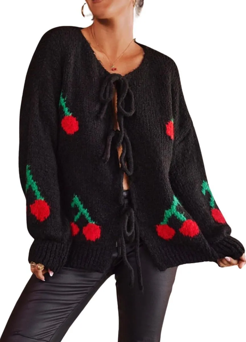 Women's Cute Y2K Cherry Bow Knot Cardigan Sweater Crewneck Chunky Knit Coatigan Coat Tops
