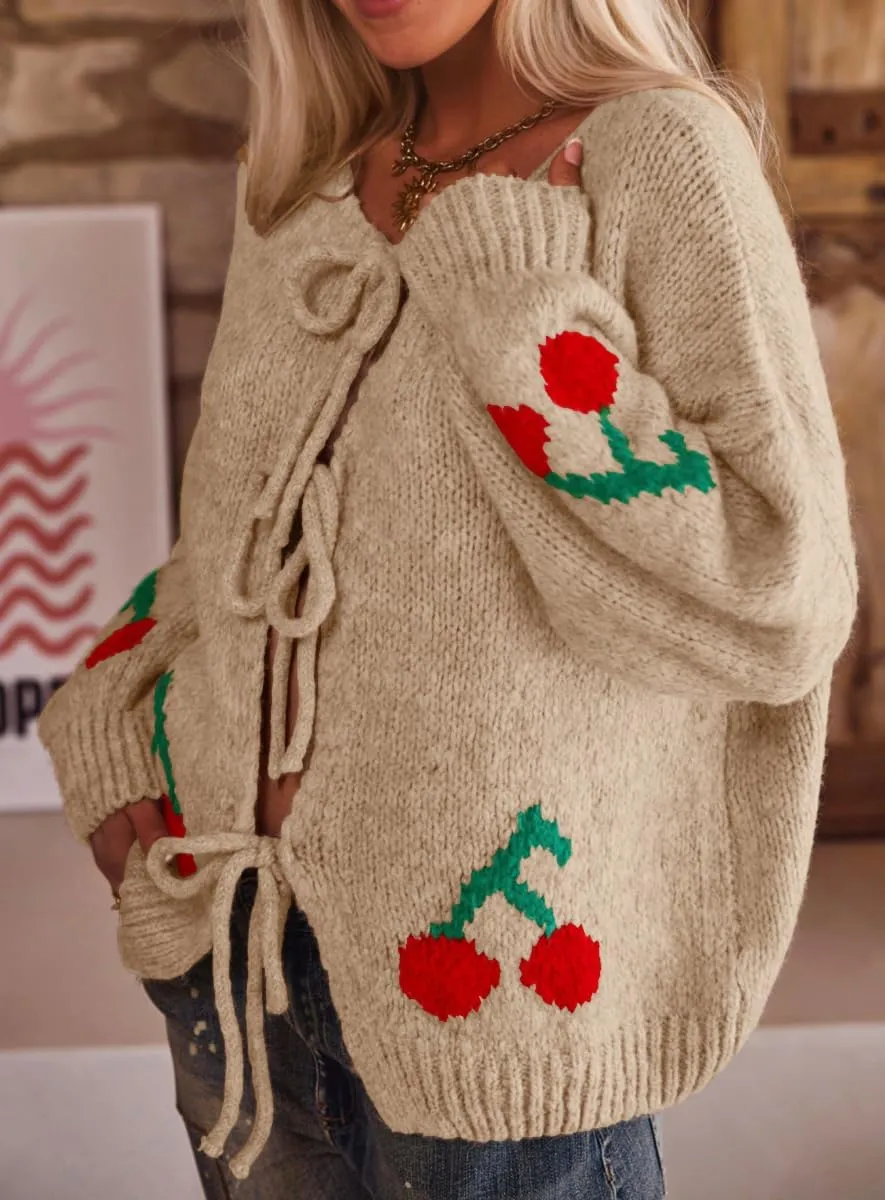 Women's Cute Y2K Cherry Bow Knot Cardigan Sweater Crewneck Chunky Knit Coatigan Coat Tops