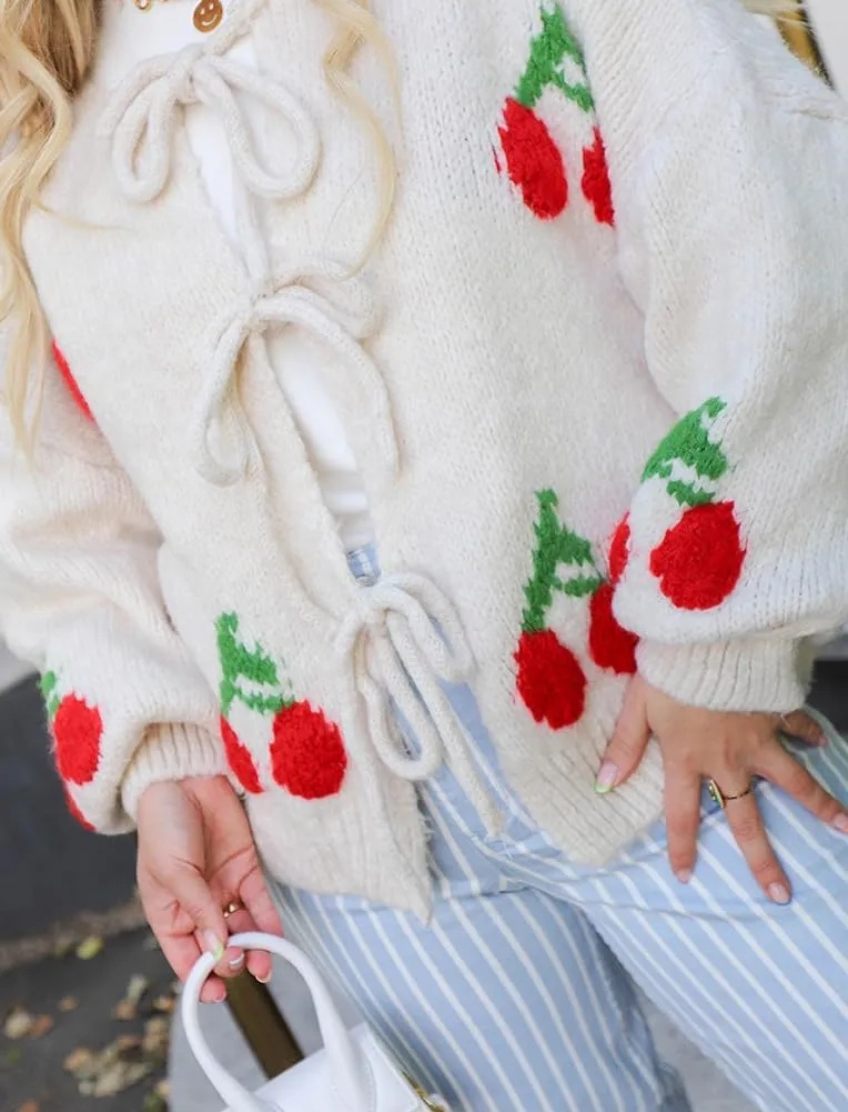Women's Cute Y2K Cherry Bow Knot Cardigan Sweater Crewneck Chunky Knit Coatigan Coat Tops