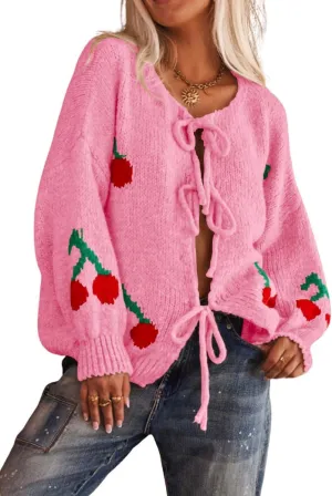 Women's Cute Y2K Cherry Bow Knot Cardigan Sweater Crewneck Chunky Knit Coatigan Coat Tops