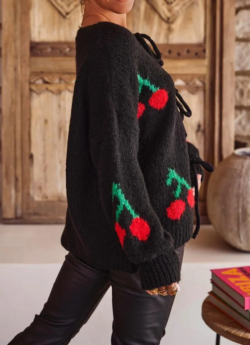 Women's Cute Y2K Cherry Bow Knot Cardigan Sweater Crewneck Chunky Knit Coatigan Coat Tops