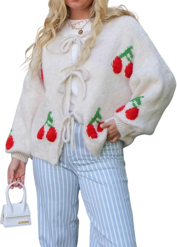 Women's Cute Y2K Cherry Bow Knot Cardigan Sweater Crewneck Chunky Knit Coatigan Coat Tops