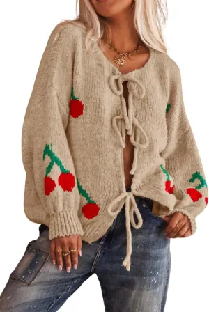 Women's Cute Y2K Cherry Bow Knot Cardigan Sweater Crewneck Chunky Knit Coatigan Coat Tops