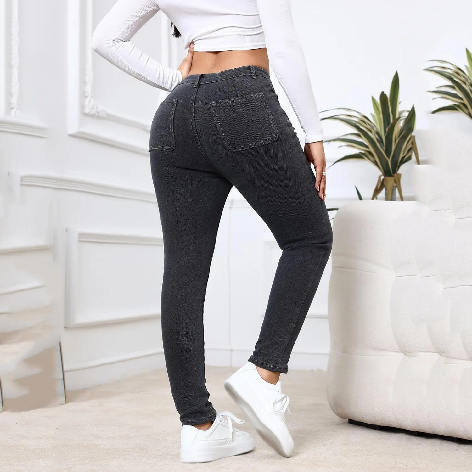 Womens Fleece Lined Jeans High Waisted Thermal Leggings Warm Skinny Denim Pants Stretch Jean Leggings Winter Pants