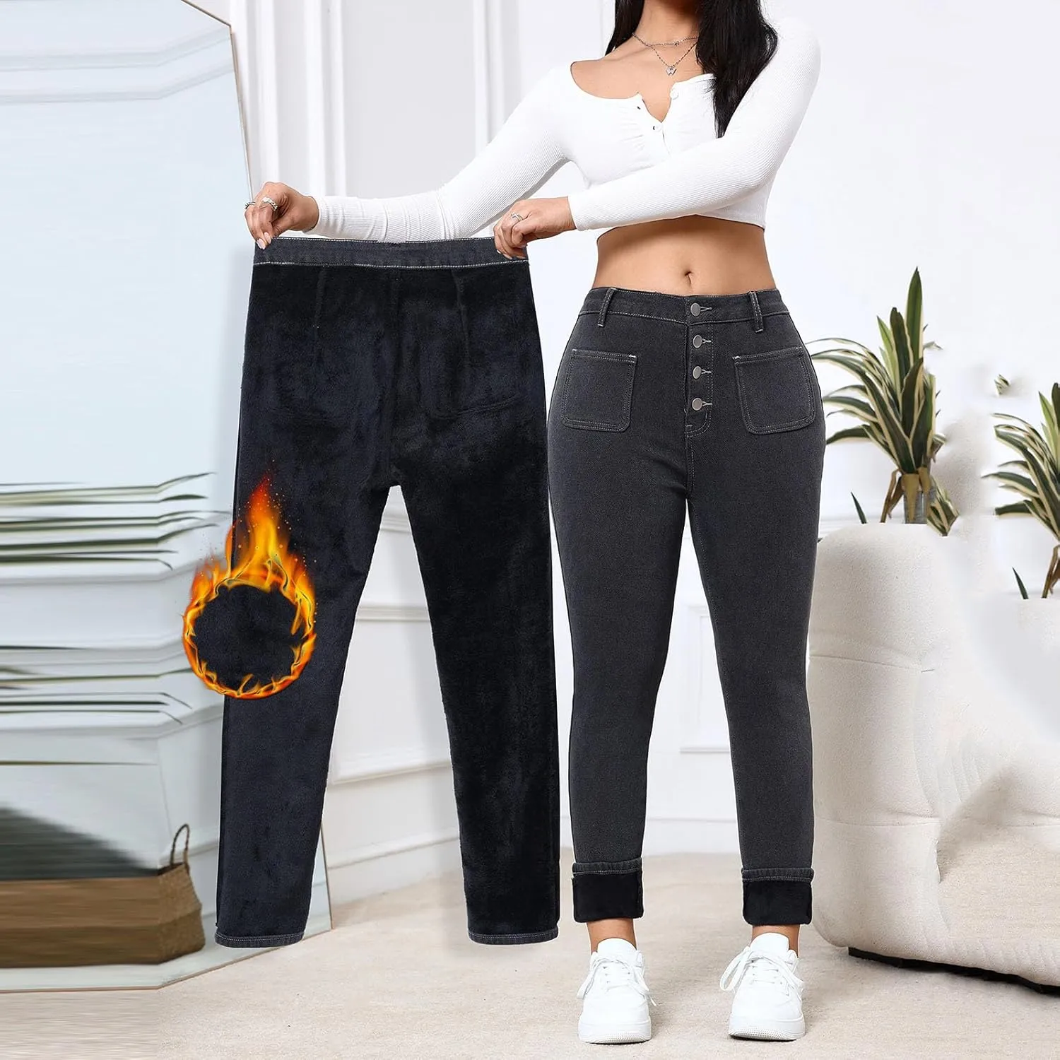 Womens Fleece Lined Jeans High Waisted Thermal Leggings Warm Skinny Denim Pants Stretch Jean Leggings Winter Pants