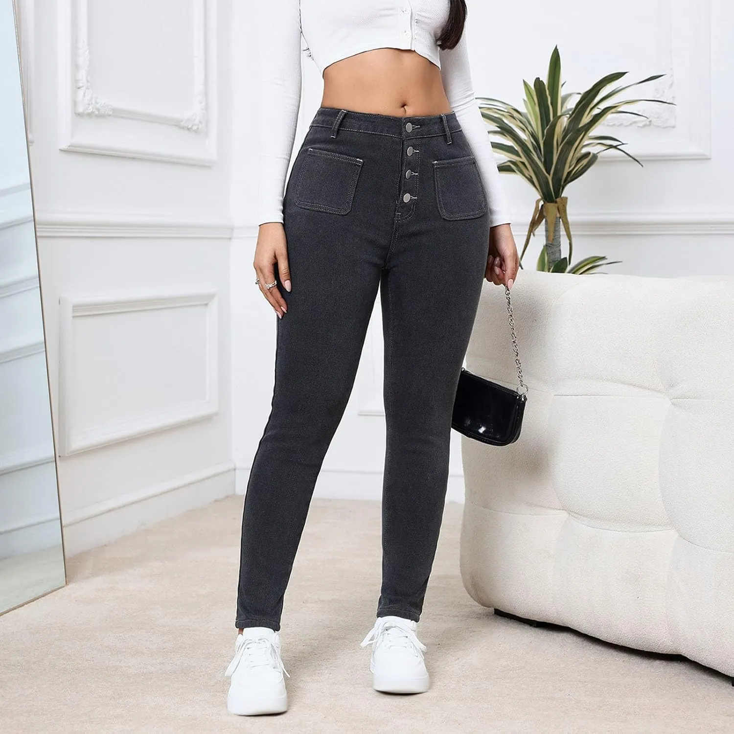 Womens Fleece Lined Jeans High Waisted Thermal Leggings Warm Skinny Denim Pants Stretch Jean Leggings Winter Pants