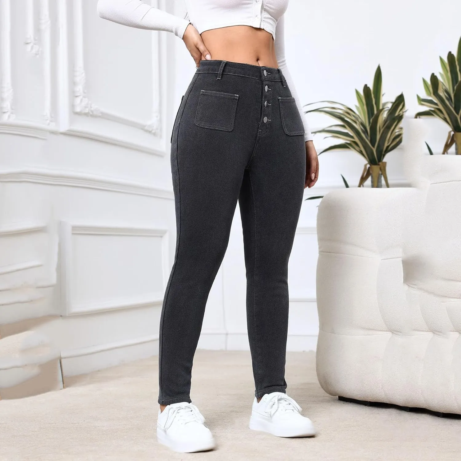Womens Fleece Lined Jeans High Waisted Thermal Leggings Warm Skinny Denim Pants Stretch Jean Leggings Winter Pants