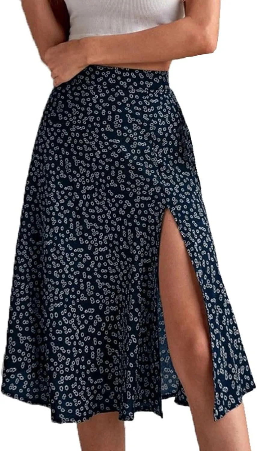 Womens Floral Midi Skirts Summer Print Elastic High Waisted Split Hem Skorts Fashion Flowy Tunic A Line Skirts 2025