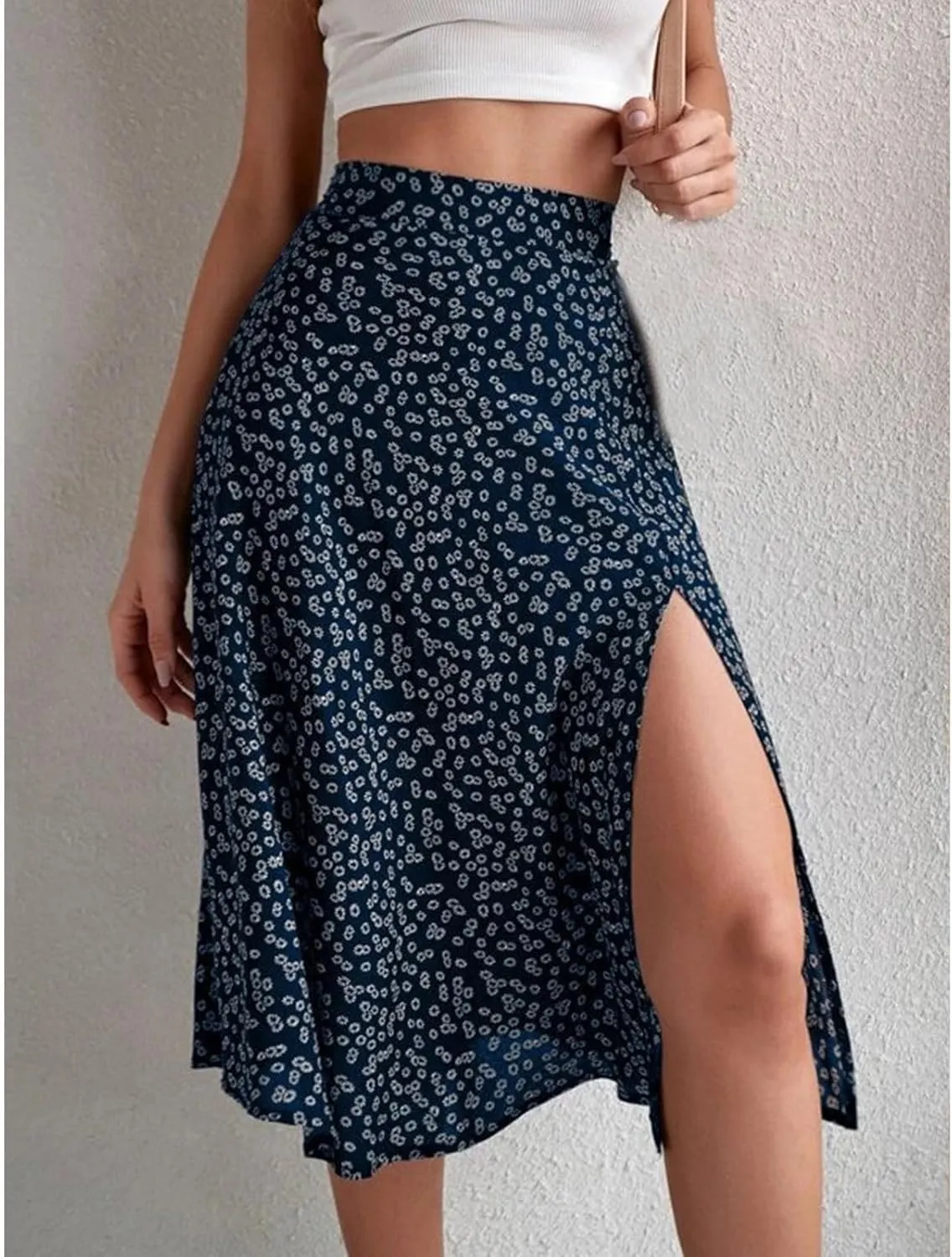 Womens Floral Midi Skirts Summer Print Elastic High Waisted Split Hem Skorts Fashion Flowy Tunic A Line Skirts 2025