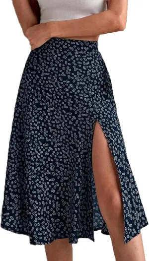 Womens Floral Midi Skirts Summer Print Elastic High Waisted Split Hem Skorts Fashion Flowy Tunic A Line Skirts 2025