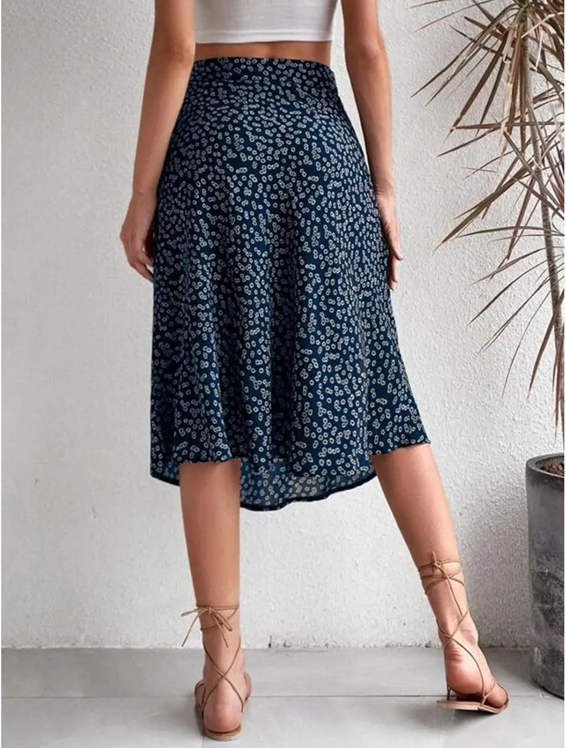 Womens Floral Midi Skirts Summer Print Elastic High Waisted Split Hem Skorts Fashion Flowy Tunic A Line Skirts 2025
