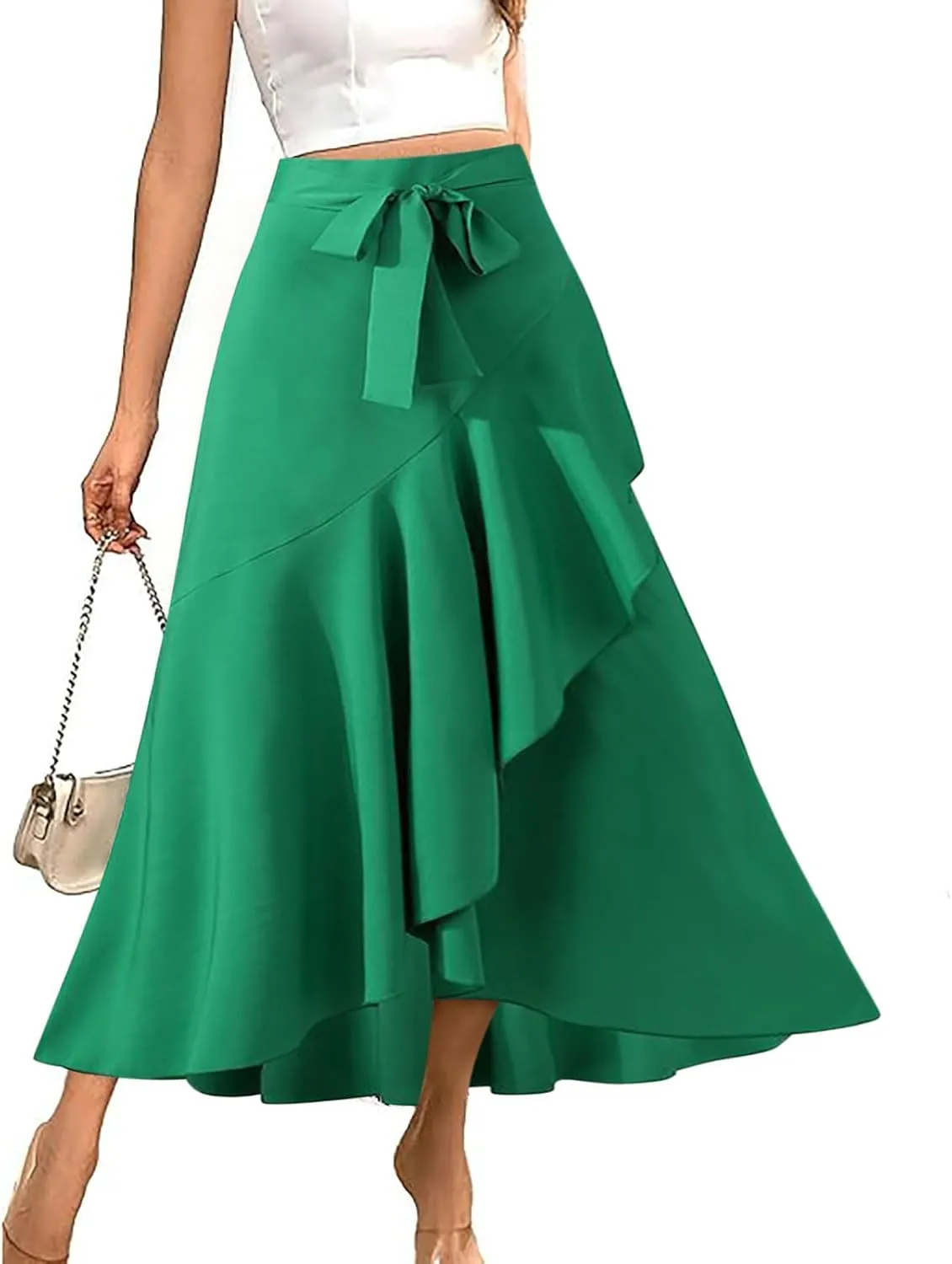Women's High Waisted Ruffle Skirt Asymmetrical Hem Split Thigh Swing Pleated Drawstring Summer Maxi Long Skirts