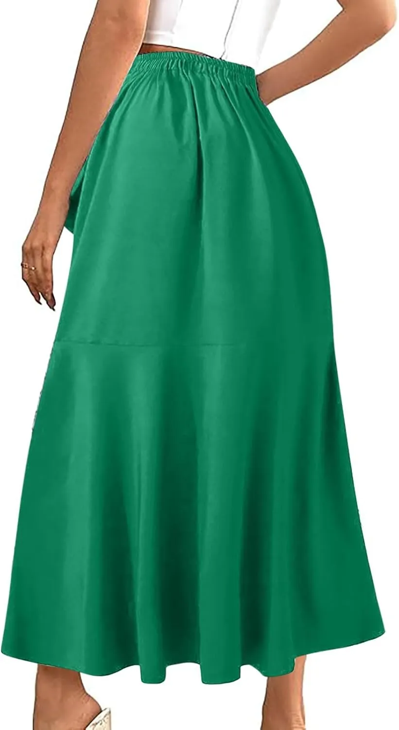 Women's High Waisted Ruffle Skirt Asymmetrical Hem Split Thigh Swing Pleated Drawstring Summer Maxi Long Skirts