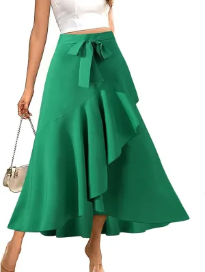 Women's High Waisted Ruffle Skirt Asymmetrical Hem Split Thigh Swing Pleated Drawstring Summer Maxi Long Skirts