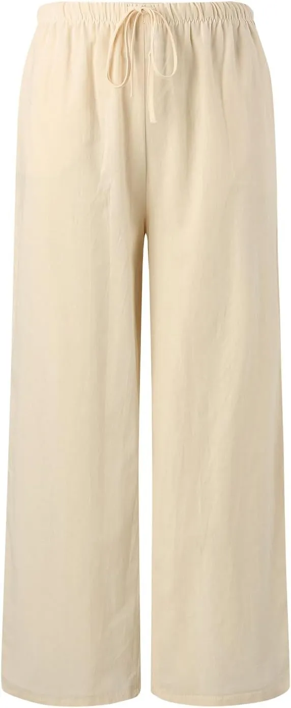 Women's High Waisted Wide Leg Pants Drawstring Elastic Trousers Summer Comfy Straight Leg Long Pants with Pockets