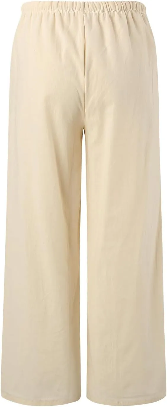 Women's High Waisted Wide Leg Pants Drawstring Elastic Trousers Summer Comfy Straight Leg Long Pants with Pockets