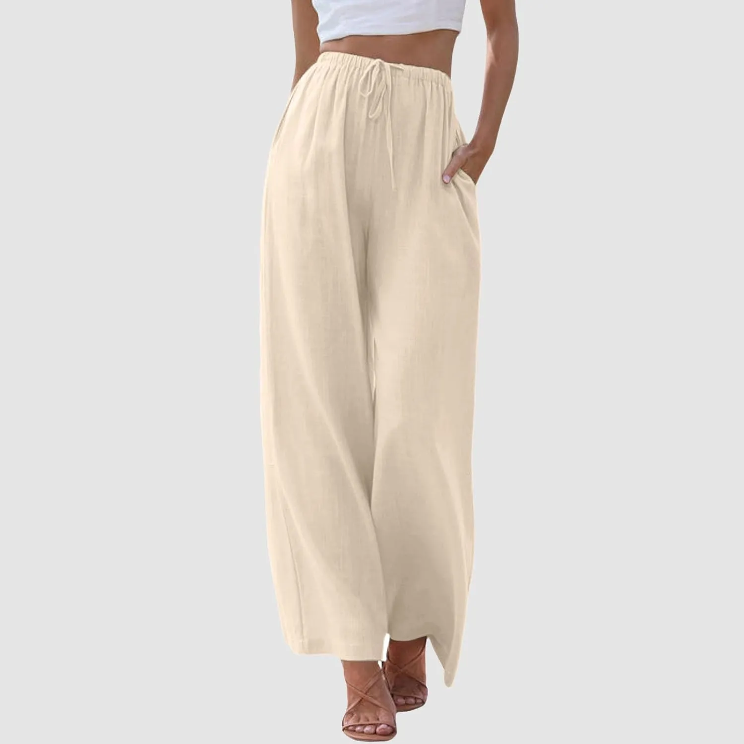 Women's High Waisted Wide Leg Pants Drawstring Elastic Trousers Summer Comfy Straight Leg Long Pants with Pockets
