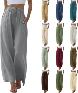 Women's High Waisted Wide Leg Pants Drawstring Elastic Trousers Summer Comfy Straight Leg Long Pants with Pockets