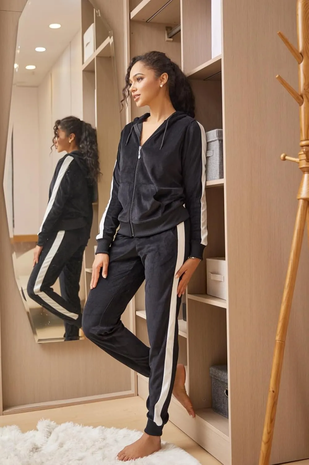 Womens Jogging Suits Sets Running Velour Outfit Zipper Warm Up 2 Pieces Hoodie and Pant Tracksuit