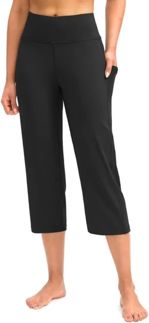 Women's Knee Length Leggings Yoga Capris High Waist Tummy Control Running Athletic Gym Biker Shorts with Pockets